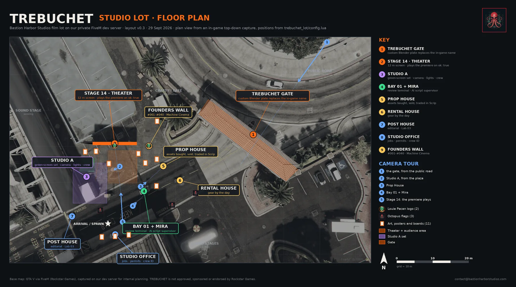 TREBUCHET studio lot floor plan: gate, Bay 01, Studio A, Stage 14 theater, prop house and founders wall